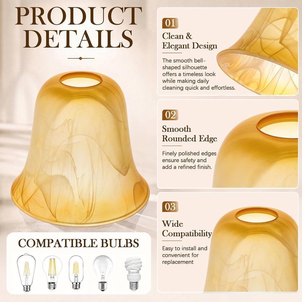 6-Pack Amber Marble Bell Glass Lamp Shades E26 Replacement Light Covers - Picture 3 of 6